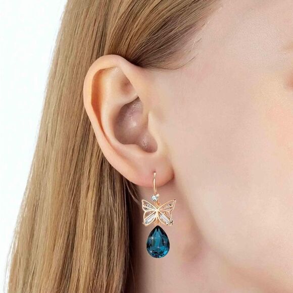 14K Rose Gold and London Blue Topaz Austrian Crystal Butterfly Teardrop Earrings - Picture 4 of 5